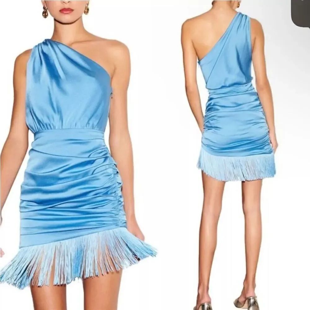 Saylor Sainte one shoulder fringe hem blue Mini Dress NWT $264